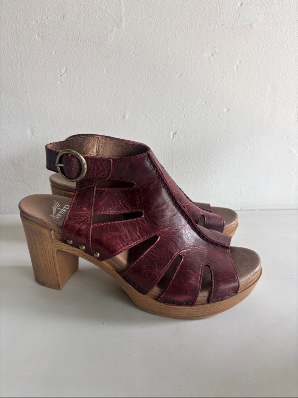 Dansko Burgundy Leather Cutout Heeled Sandals